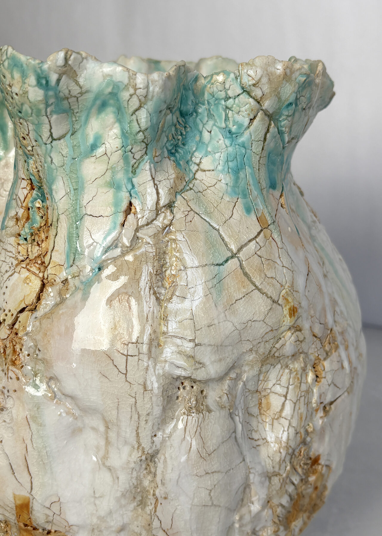 Closeup of texture from Vessel no. 53 - Contemporary stoneware ceramic vessel with cracked glaze and textured surface, sculptural ceramics by Rebeccah Pailes-Friedman