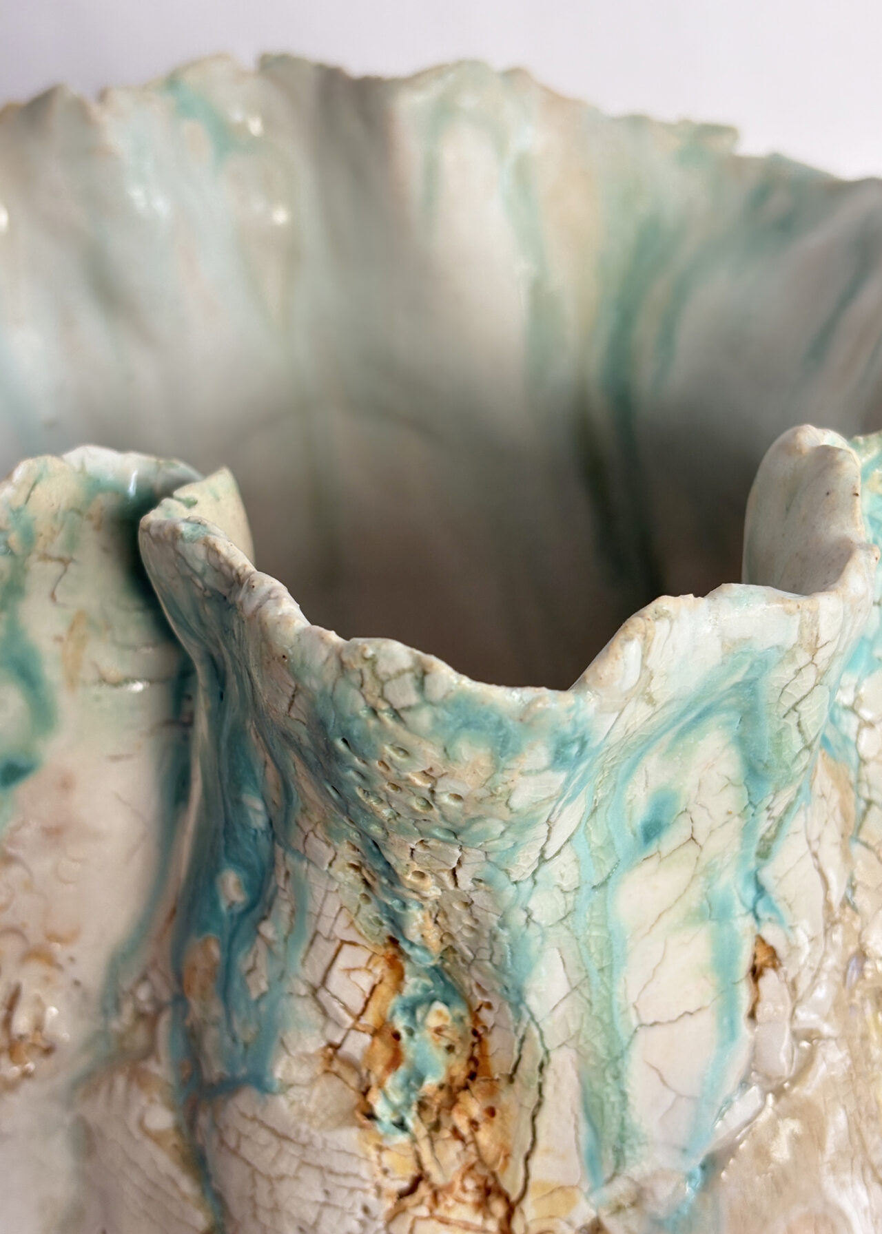 Closeup of texture from Vessel no. 53 - Contemporary stoneware ceramic vessel with cracked glaze and textured surface, sculptural ceramics by Rebeccah Pailes-Friedman
