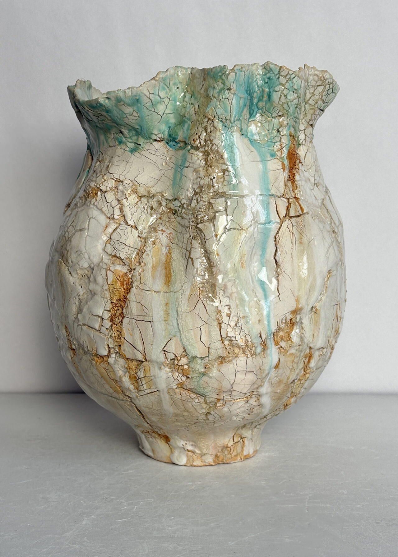 Vessel no. 53 - Contemporary stoneware ceramic vessel with cracked glaze and textured surface, sculptural ceramics by Rebeccah Pailes-Friedman