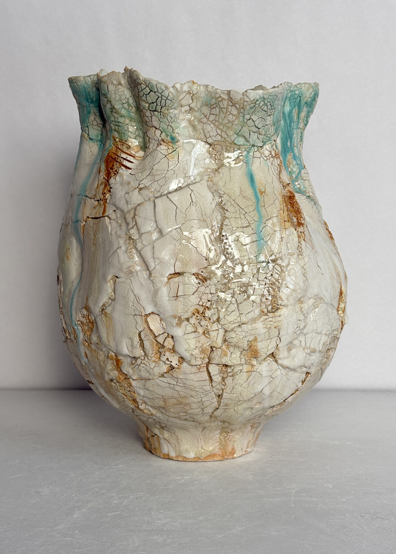 Vessel no. 53 - Contemporary stoneware ceramic vessel with cracked glaze and textured surface, sculptural ceramics by Rebeccah Pailes-Friedman