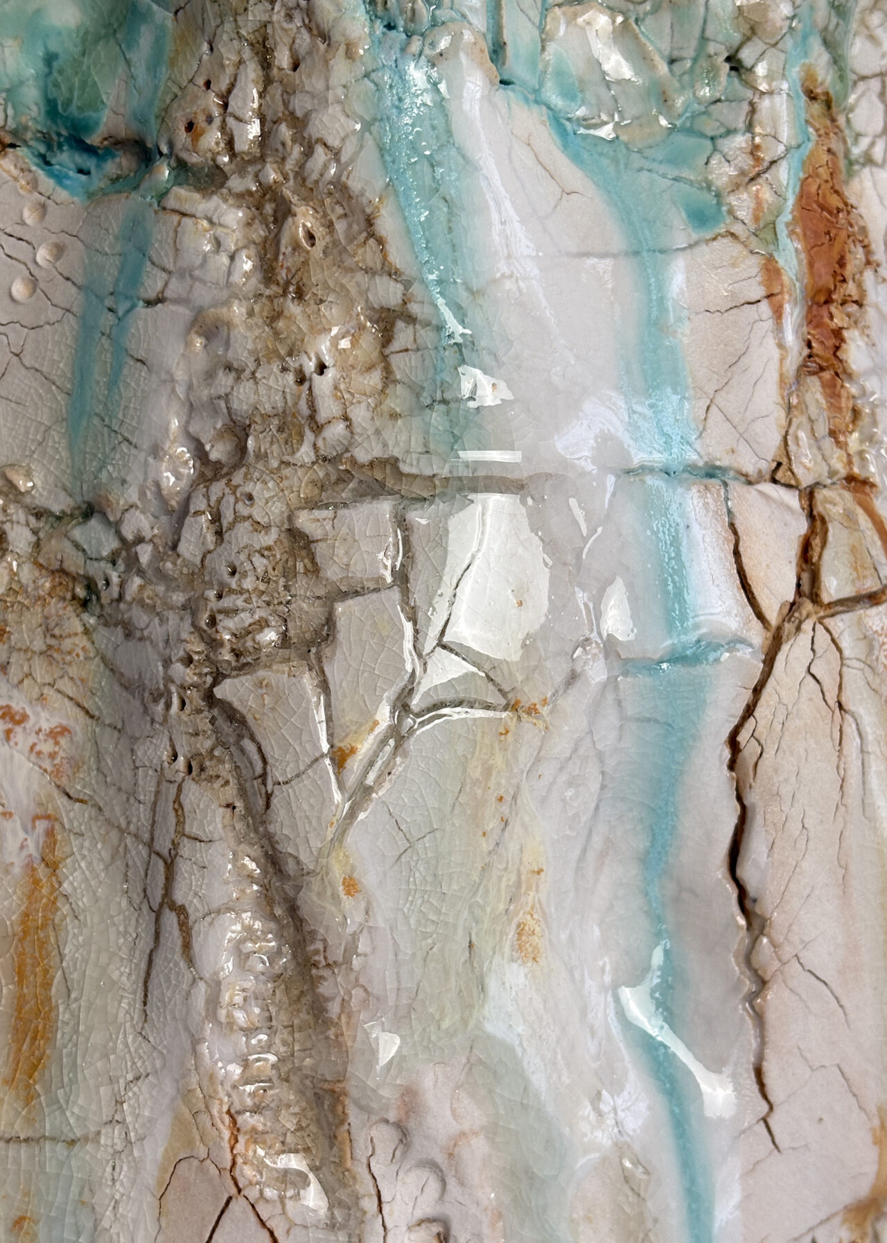 Vessel no. 53 - Closeup of texture from Contemporary stoneware ceramic vessel with cracked glaze and textured surface, sculptural ceramics by Rebeccah Pailes-Friedman