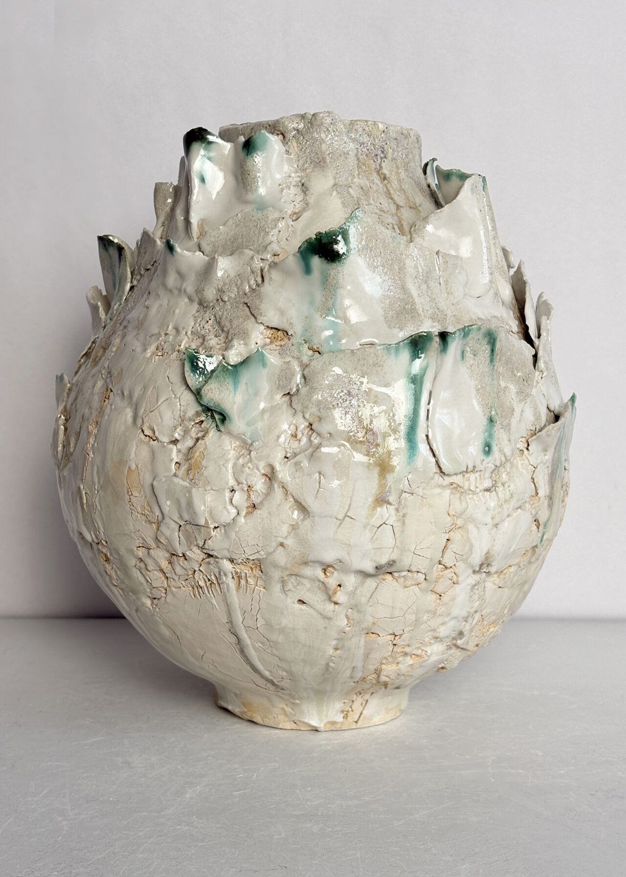 Vessel no 54 - Handbuilt stoneware ceramic vessel with cracked, blistered surface and layered oxide glaze by Rebeccah Pailes-Friedman