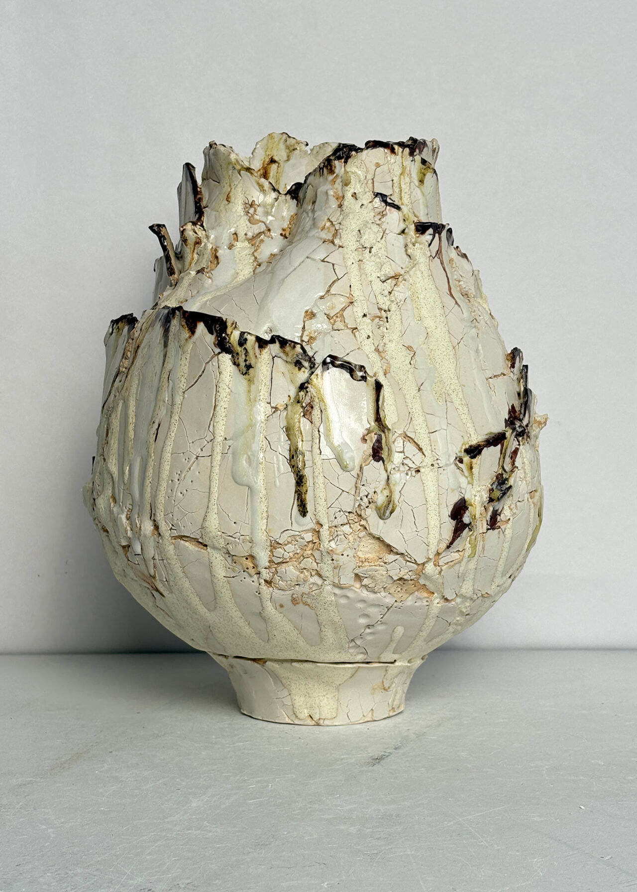 Vessel no. 55 - Handbuilt ceramic vessel with cracked textured surface and layered glaze by Rebeccah Pailes-Friedman