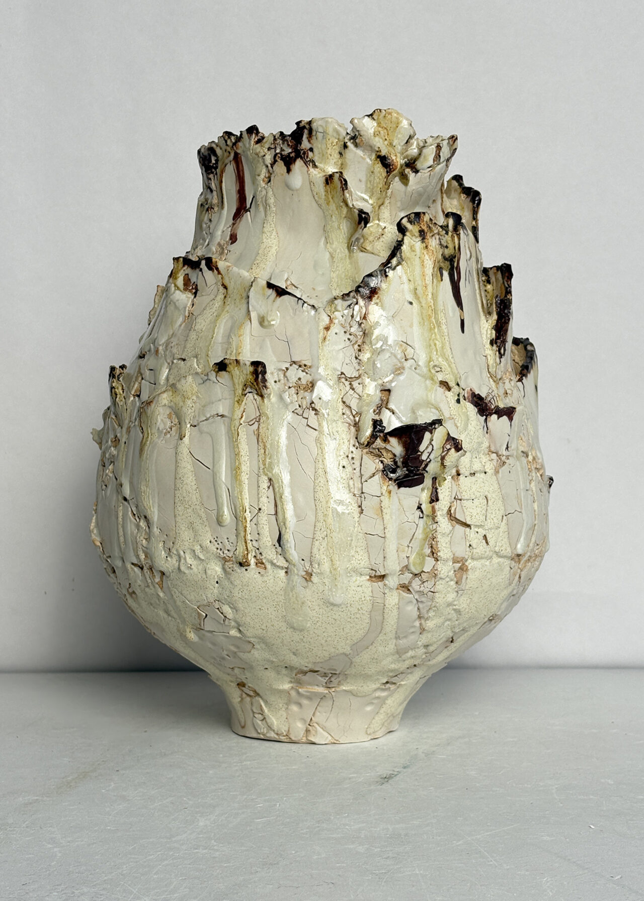 Vessel no. 55 - Handbuilt ceramic vessel with cracked textured surface and layered glaze by Rebeccah Pailes-Friedman