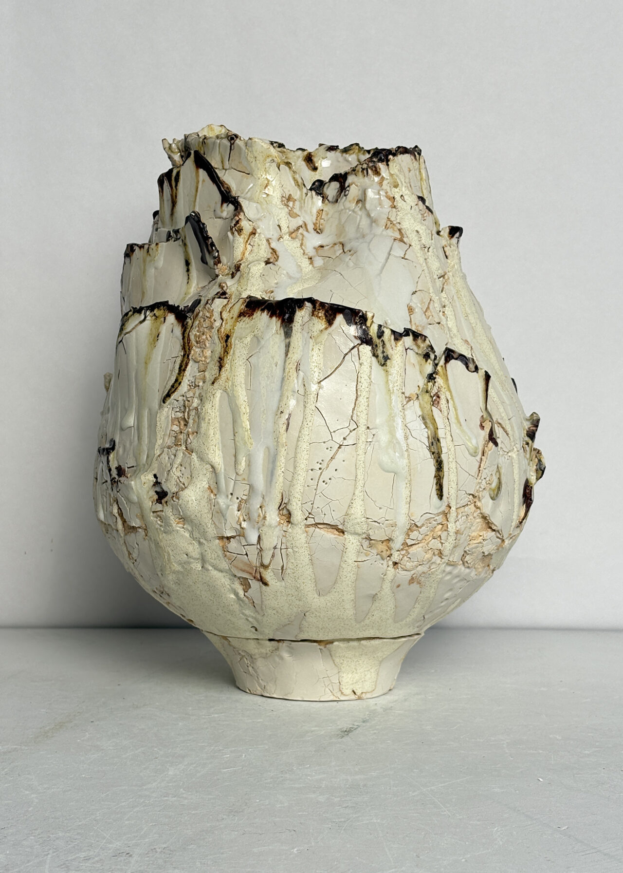 Vessel no. 55 - Handbuilt ceramic vessel with cracked textured surface and layered glaze by Rebeccah Pailes-Friedman