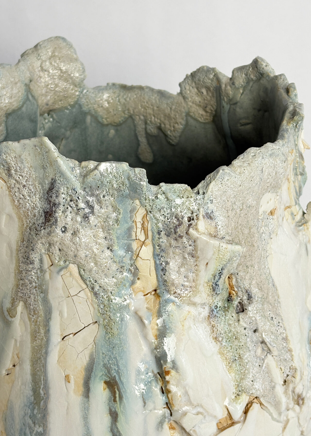 Closeup of Vessel no. 56 Contemporary ceramic vessel with blistered surface texture and oxide glaze, sculptural stoneware by Rebeccah Pailes-Friedman