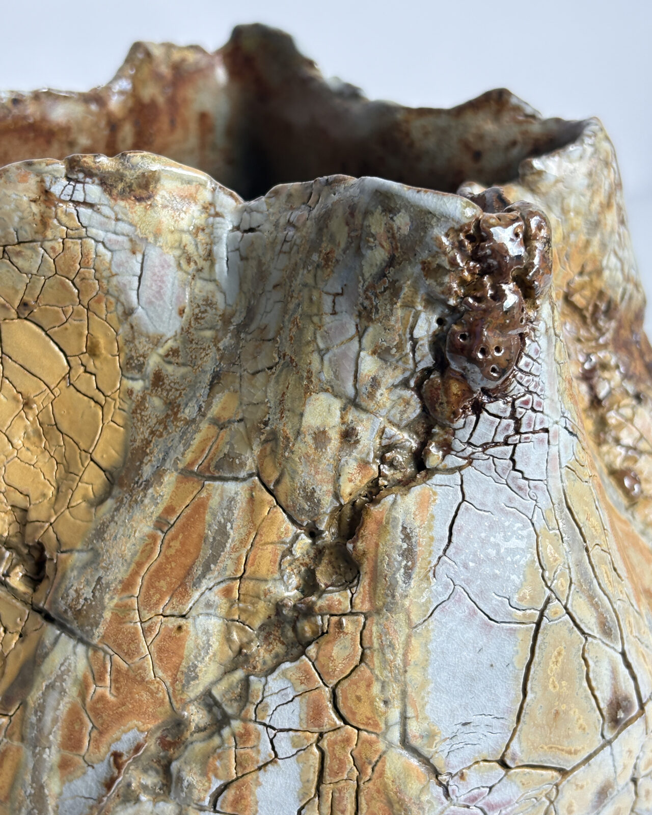Close-up detail of Vessel No. 58 showing crackled glaze, layered flashing slips, and clustered textured formations created through soda firing.