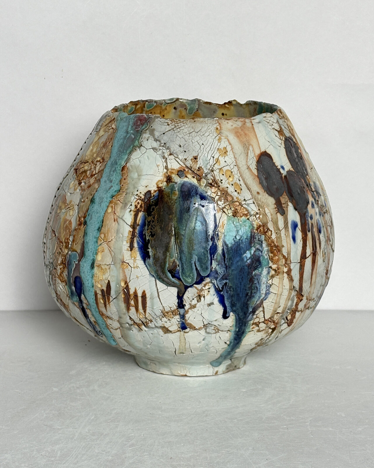 Vessel no. 70 - Round moon jar shaped ceramic vessel with 2 large china blue and turquoise dots and warm yellow interior