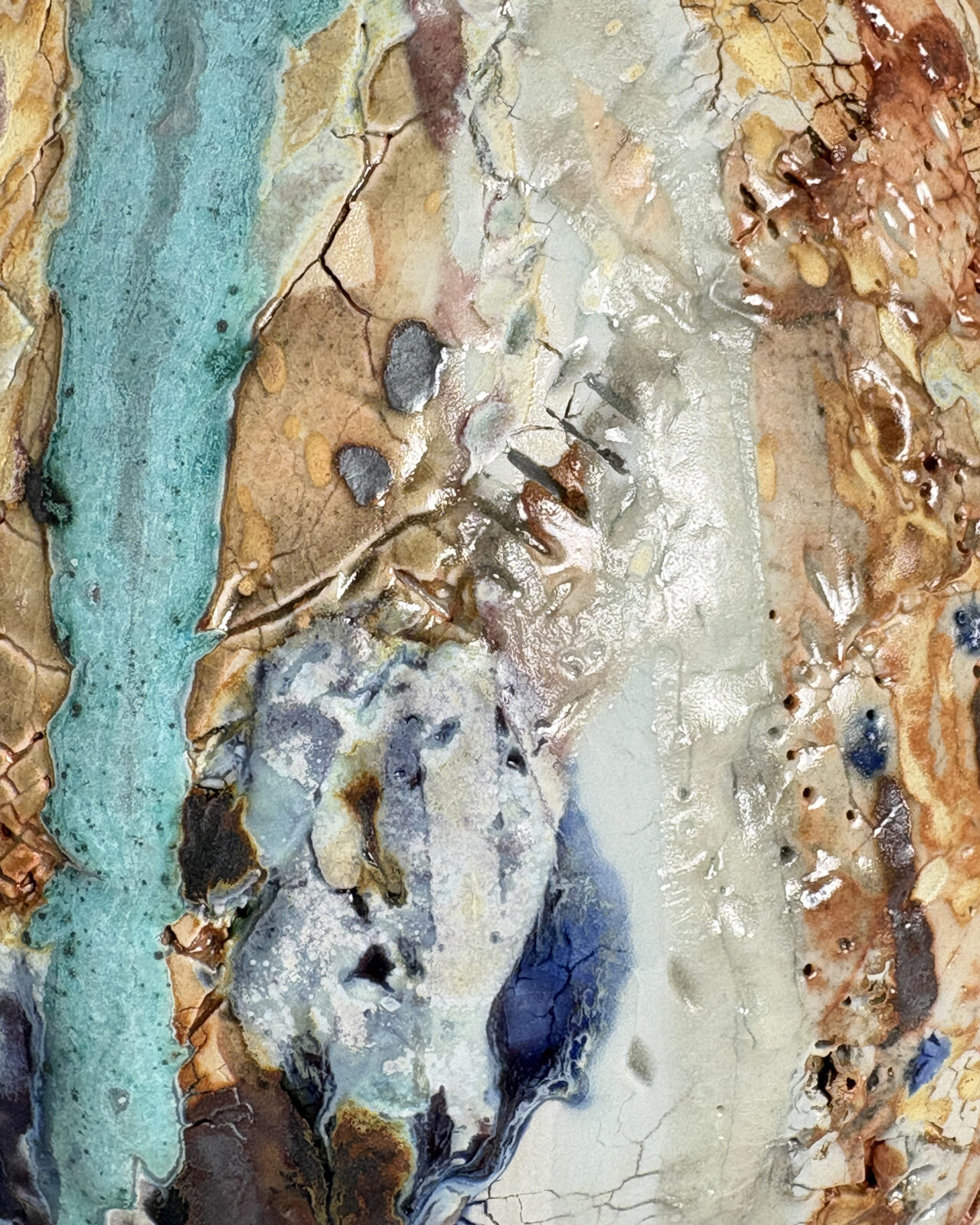 Vessel no. 70 - Close up of the texture showing turquoise, China blue and Shino glazes